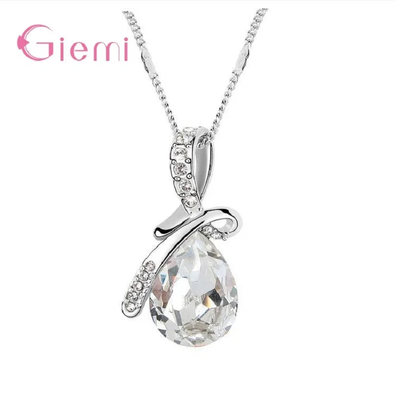 925 Sterling Silver Water Drop Pendant Necklace Quartz Crystal Charm Necklace For Women Fashion Jewelry Gifts