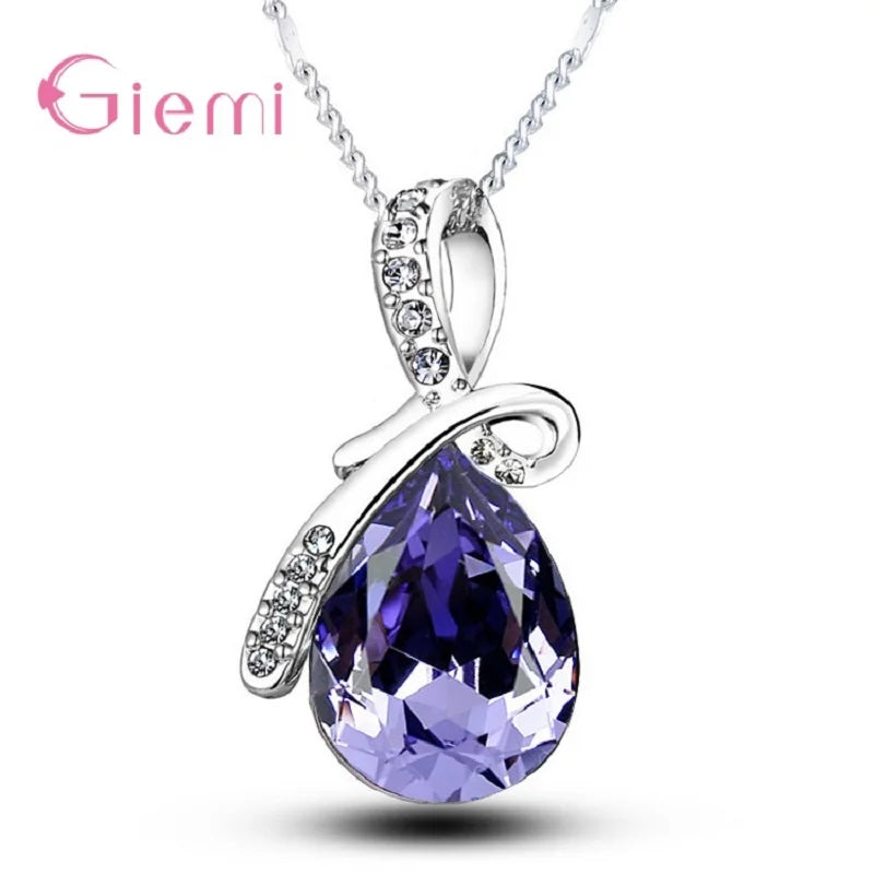 925 Sterling Silver Water Drop Pendant Necklace Quartz Crystal Charm Necklace For Women Fashion Jewelry Gifts