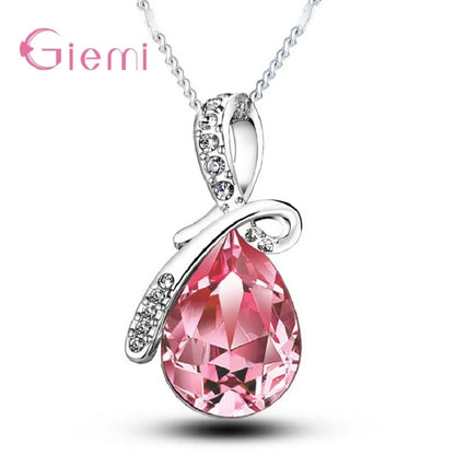 925 Sterling Silver Water Drop Pendant Necklace Quartz Crystal Charm Necklace For Women Fashion Jewelry Gifts