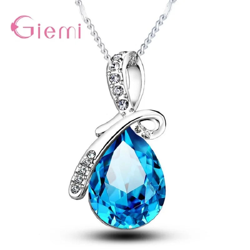 925 Sterling Silver Water Drop Pendant Necklace Quartz Crystal Charm Necklace For Women Fashion Jewelry Gifts